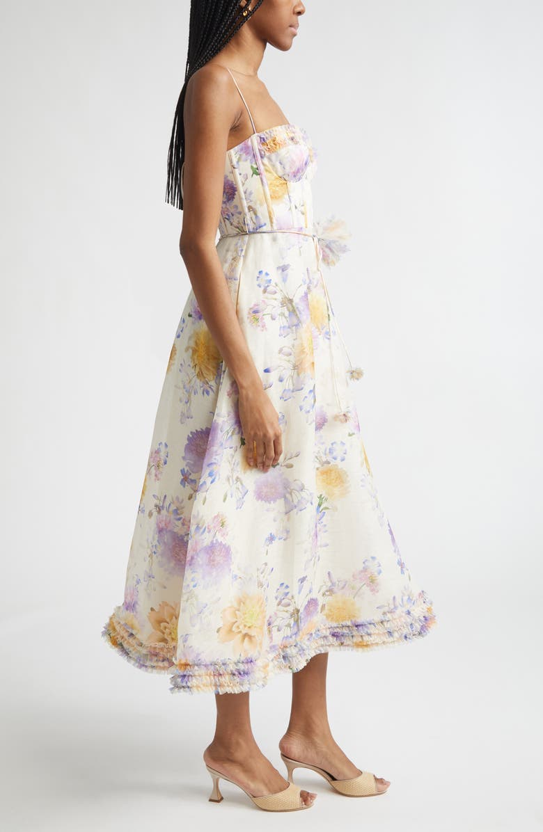 Zimmermann Luna Ruffle Linen & Silk Corset Midi Dress, Alternate, color, Cream Dahlia