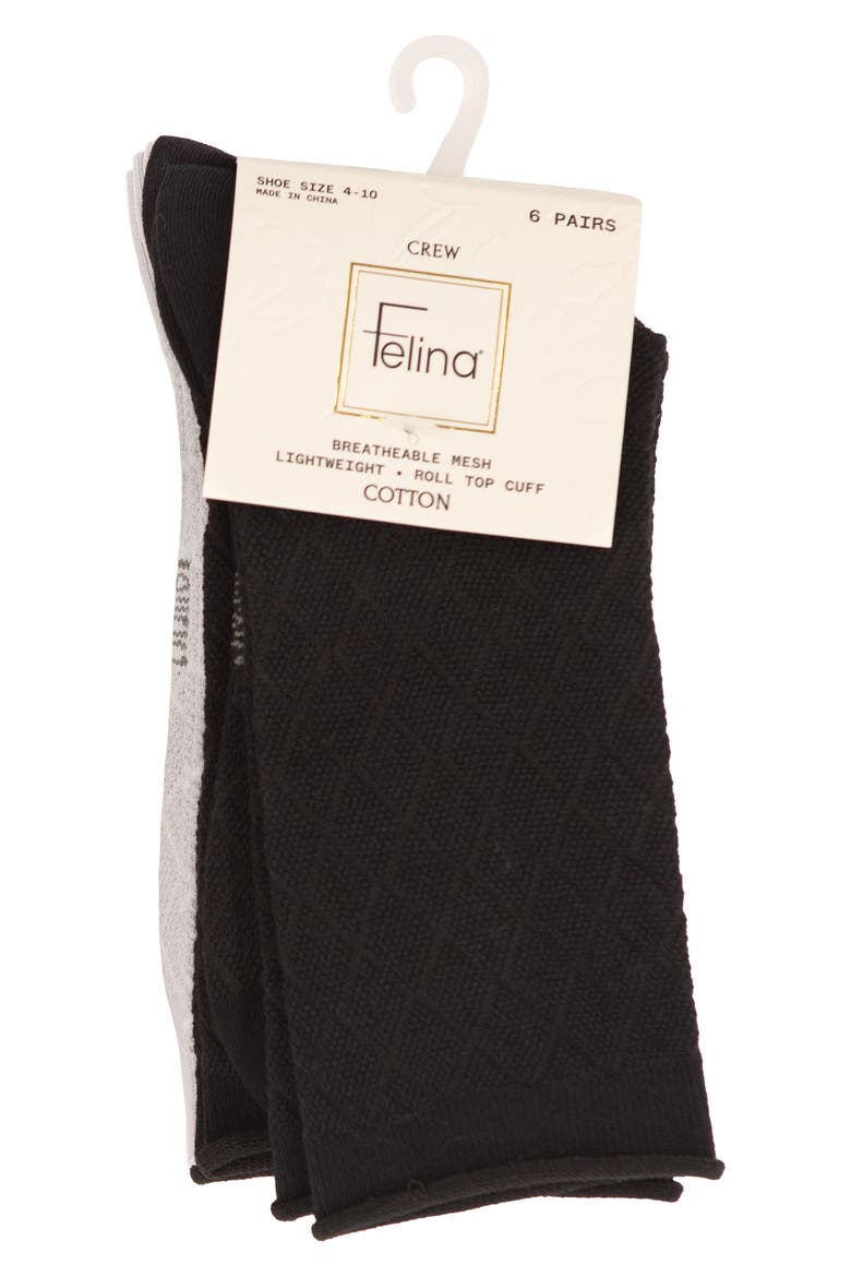Assorted 6-Pack Textured Mesh Roll Top Crew Socks, Alternate, color, BLACK/ GREY/ WHITE