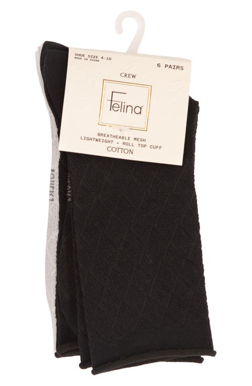 Felina Assorted 6-pack Textured Mesh Roll Top Crew Socks In Black/grey/white