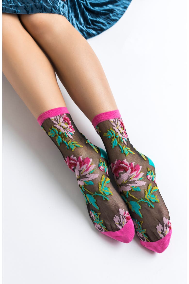 Bold Blooms Floral Sheer Crew Socks, Alternate, color, BLUE/ PINK