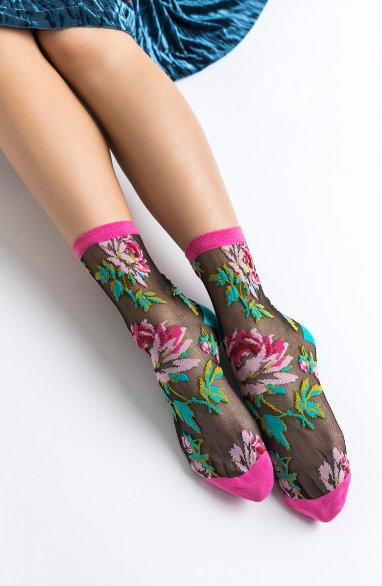 Sock Candy Bold Blooms Floral Sheer Crew Socks, Alternate, color, Blue/ Pink
