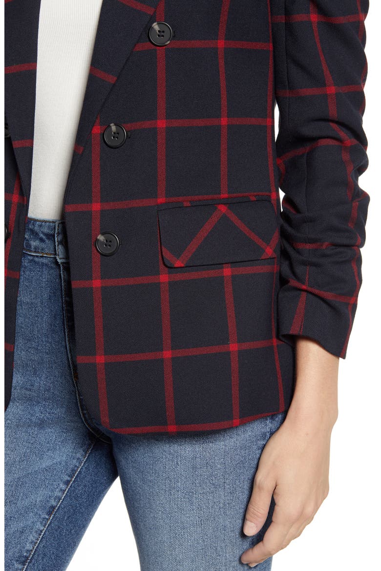 Windowpane Check Ruched Sleeve Blazer, Alternate, color, RICH BLACK