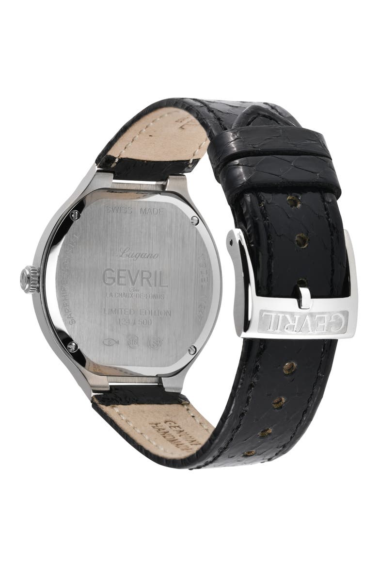 Lugano Diamond Croc Embossed Leather Strap Watch, 38mm, Alternate, color, BLACK