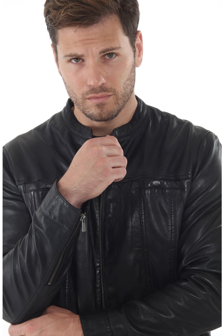 Band Collar Leather Trucker Jacket, Alternate, color, BLACK