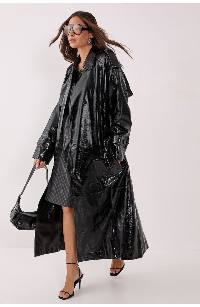 NASTY GAL High Shine Faux Leather Trench Coat, Alternate, color, Black