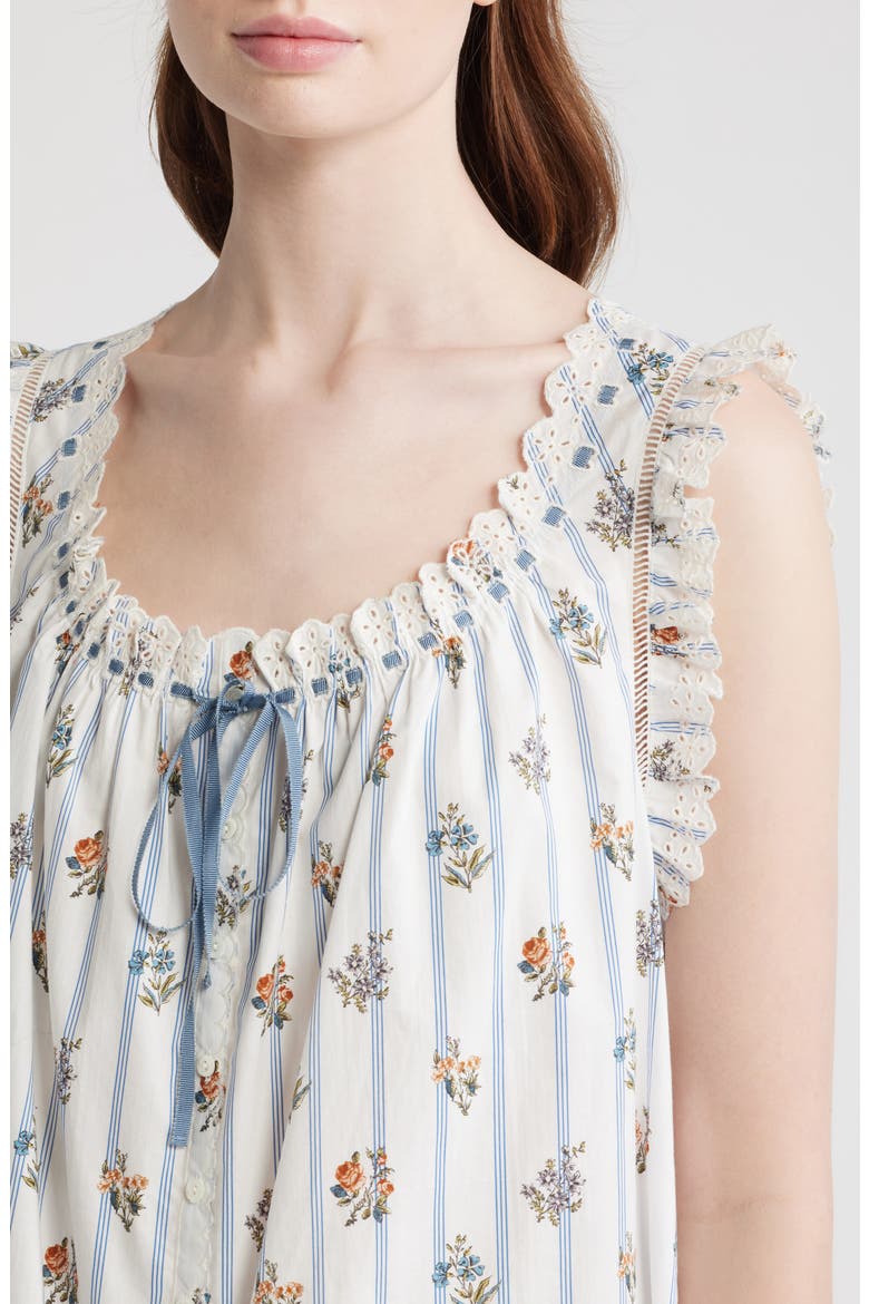 Nessie Stripe Floral Print Eyelet Organic Cotton Shift Minidress, Alternate, color, FLEURS DE BORDEAUX