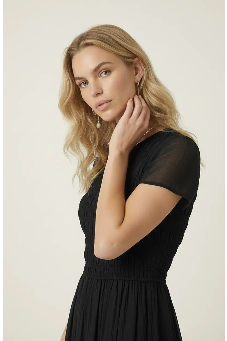 Sheer Overlay Midi Dress with Smocked Bodice, Alternate, color, Black