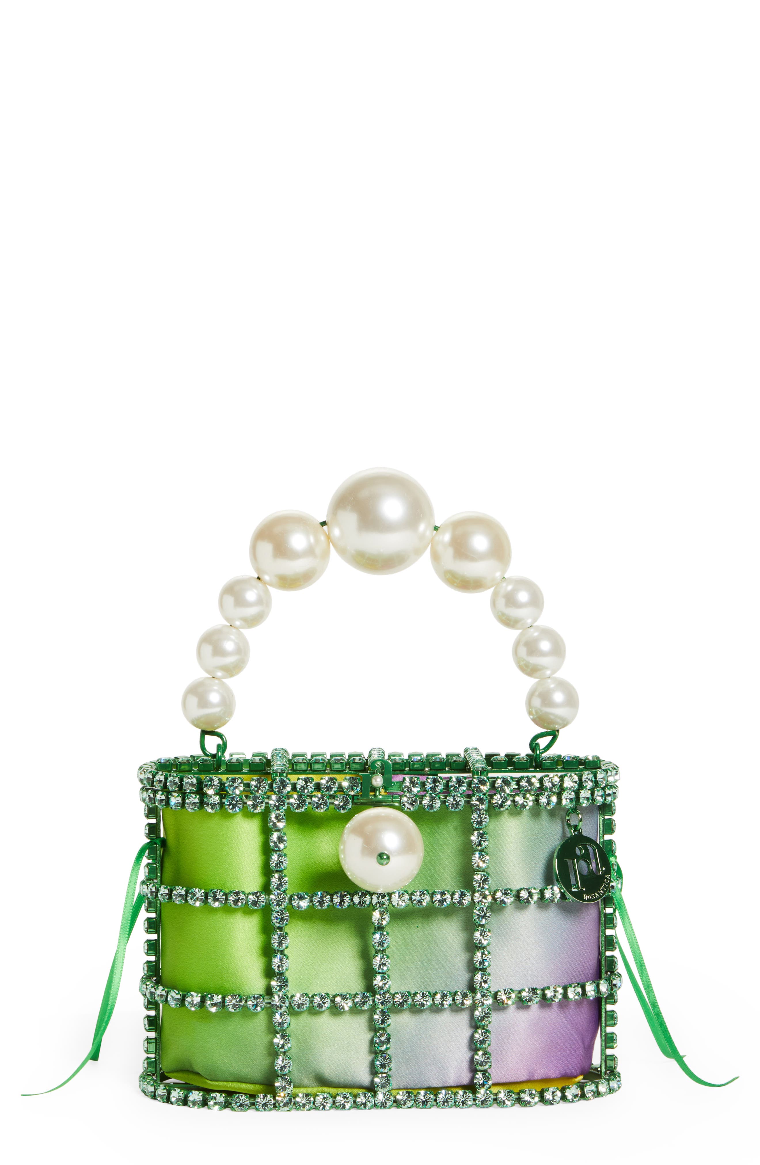Rosantica Holli Crystal & Imitation Pearl Satin Handbag, Main, color, 