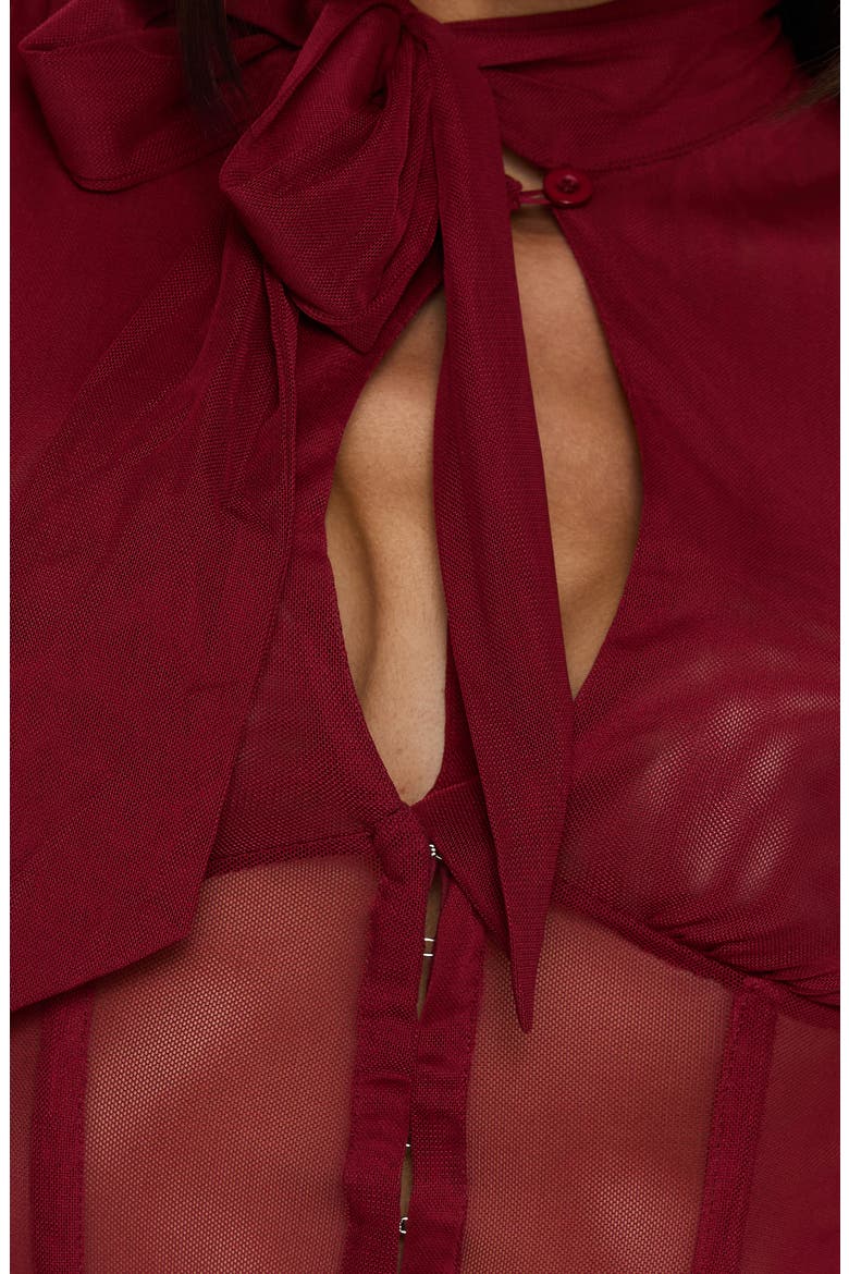 Anistasia Mesh Keyhole Corset Top with Scarf, Alternate, color, BURGUNDY