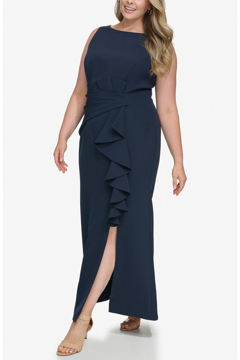 Cascade Ruffle Sleeveless Gown, Alternate, color, NAVY