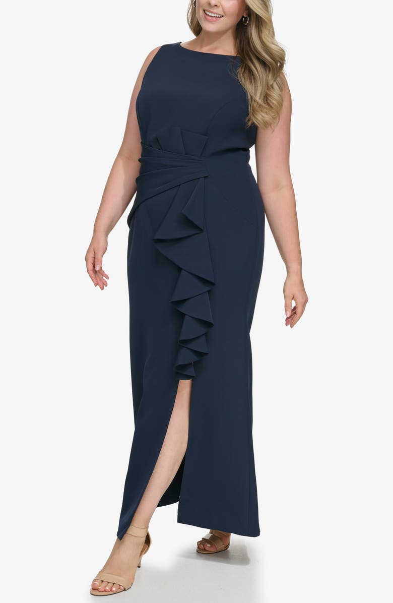 Eliza J Cascade Ruffle Sleeveless Gown, Alternate, color, Navy