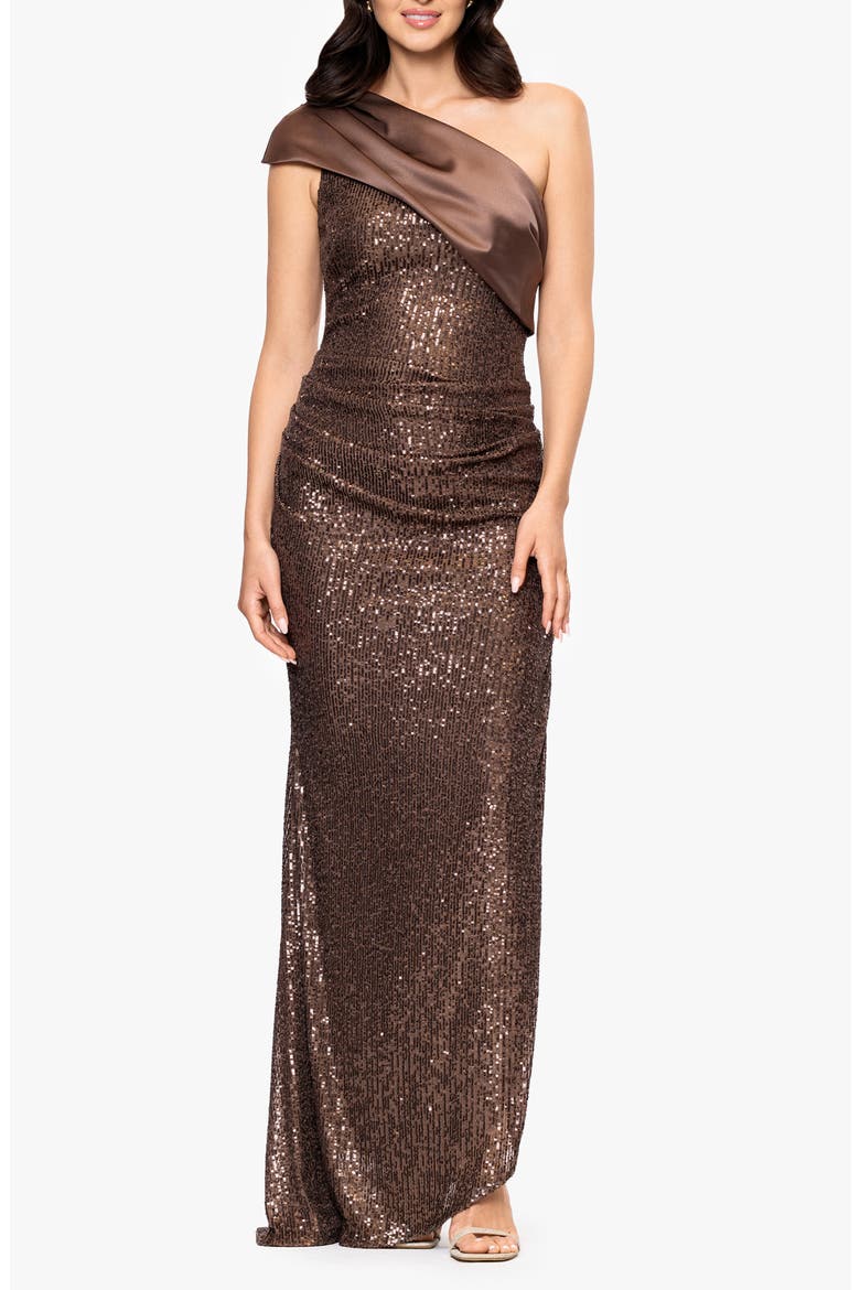 Sequin One-Shoulder Gown, Main, color, MOCHA