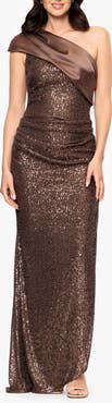Betsy & Adam Sequin One-Shoulder Gown