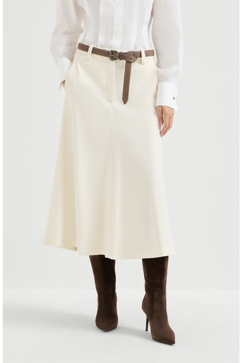 Comfort virgin wool gabardine flute skirt with monili, Main, color, Milk