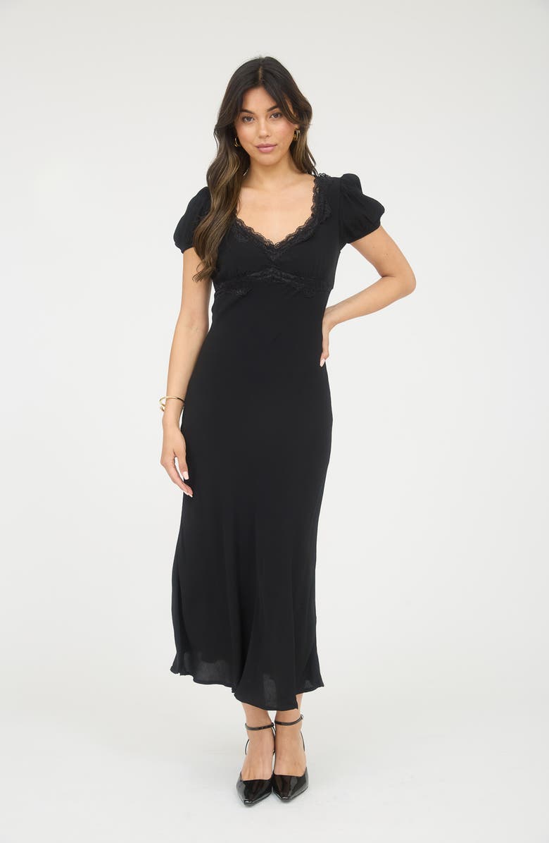Blu Pepper Lace Trim Puff Sleeve Midi Dress, Alternate, color, Black