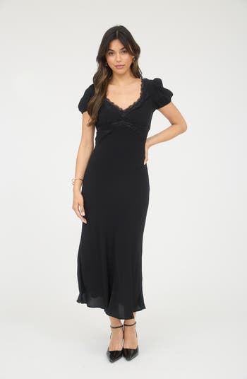Lace Trim Puff Sleeve Midi Dress