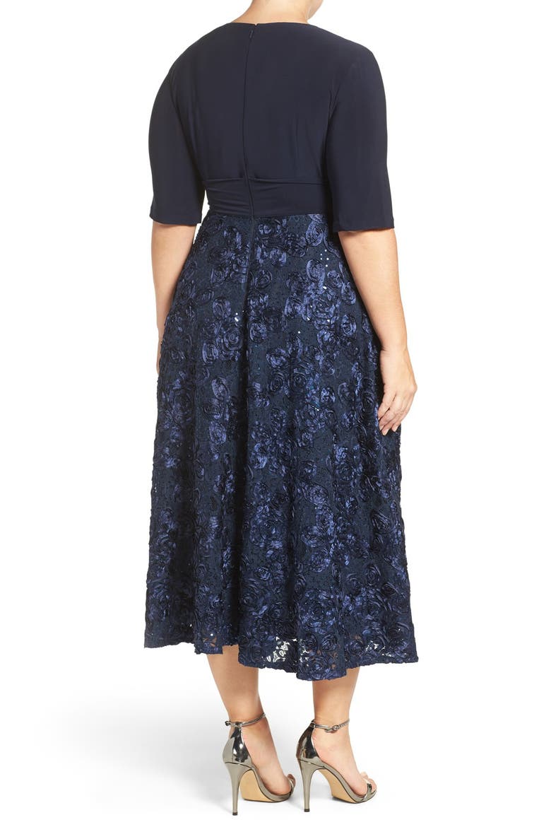 Tea Length Jersey & Rosette Lace Dress, Alternate, color, NAVY