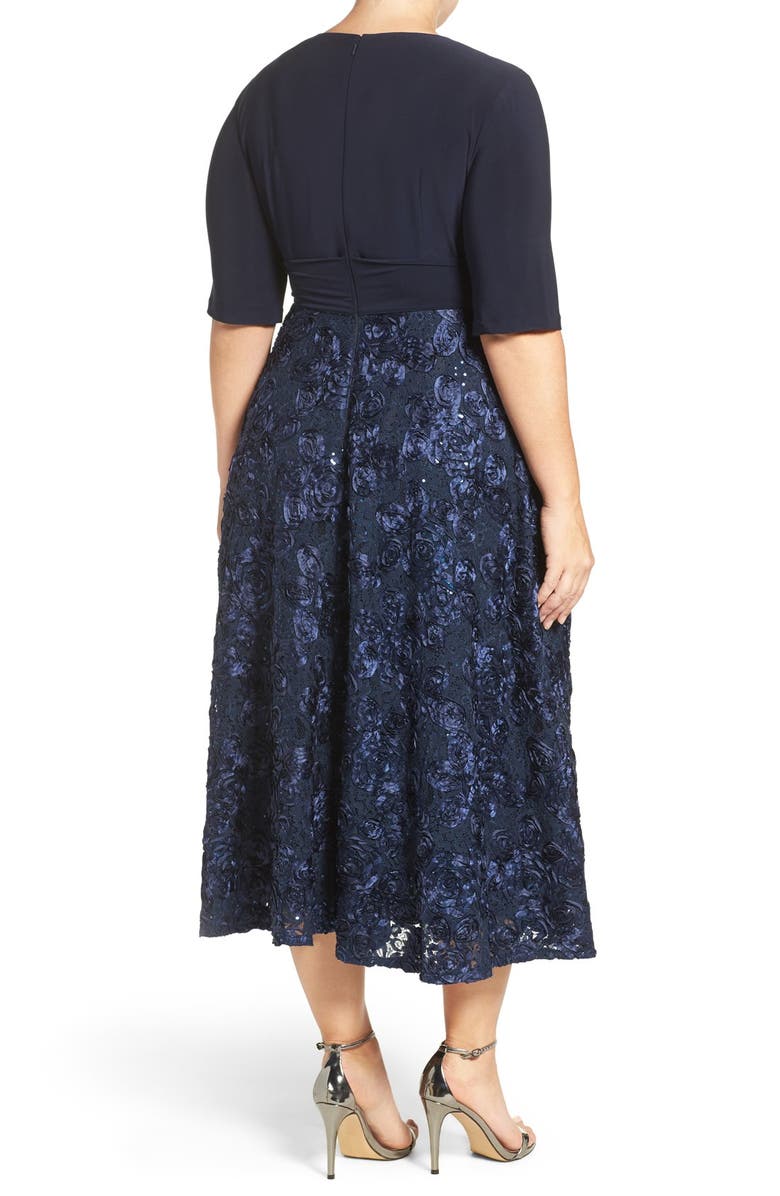 Alex Evenings Tea Length Jersey & Rosette Lace Dress, Alternate, color, Navy