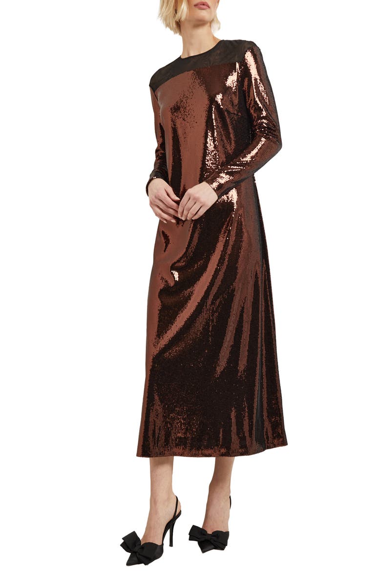 Sheer Inset Long Sleeve Sequin Cocktail Dress, Main, color, MAHOGANY
