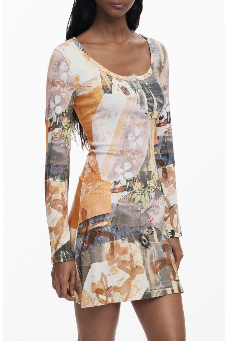 Printed Long Sleeve Stretch Cotton Rib Body-Con Minidress, Alternate, color, NEUTRAL GRAY