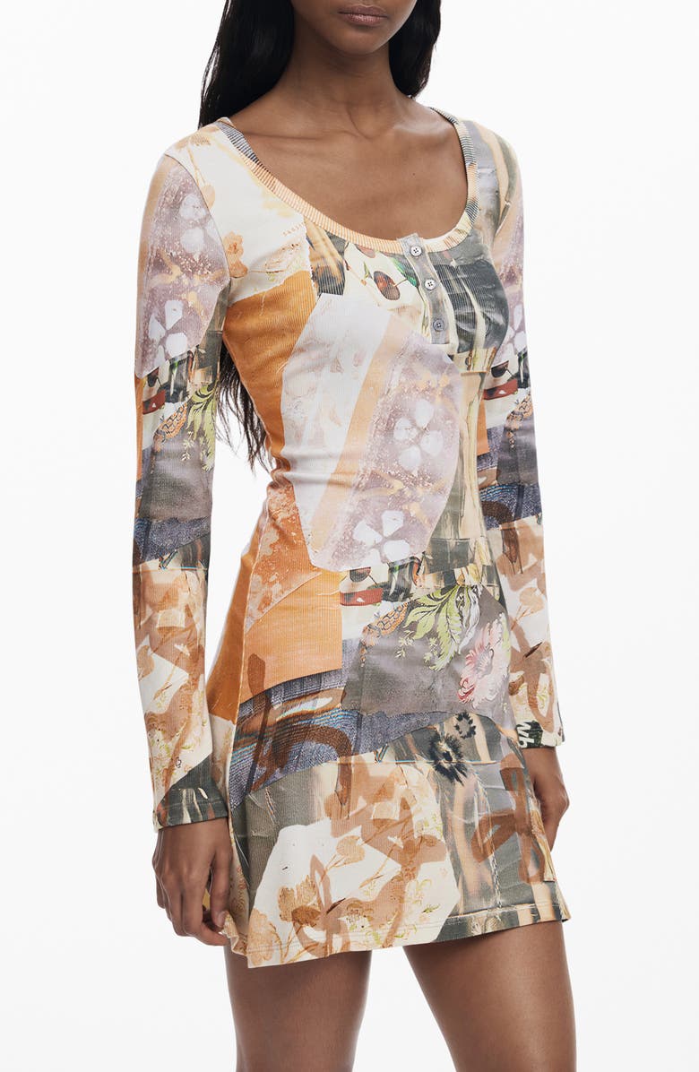 Desigual Printed Long Sleeve Stretch Cotton Rib Body-Con Minidress, Alternate, color, Neutral Gray
