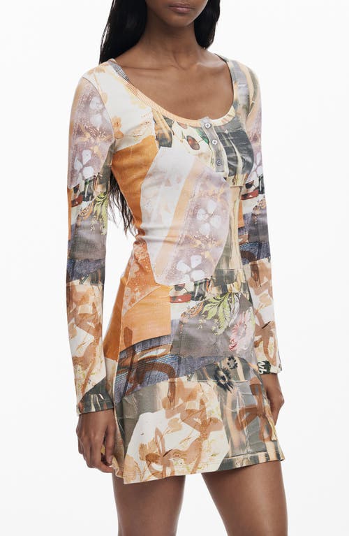 Desigual Printed Long Sleeve Stretch Cotton Rib Body-con Minidress In Gray