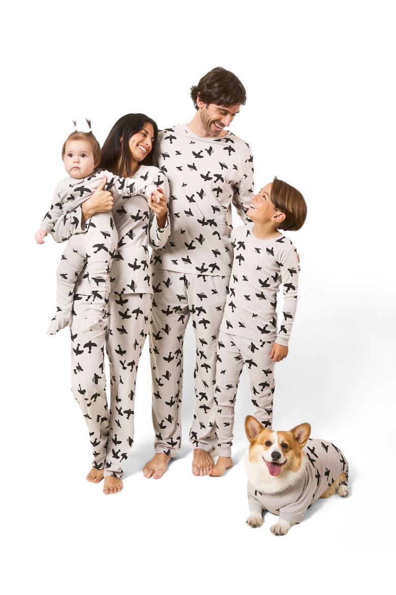 Kids Footed Cotton Matching Family Pajamas, Nature & Water Prints, Alternate, color, Bird Gray