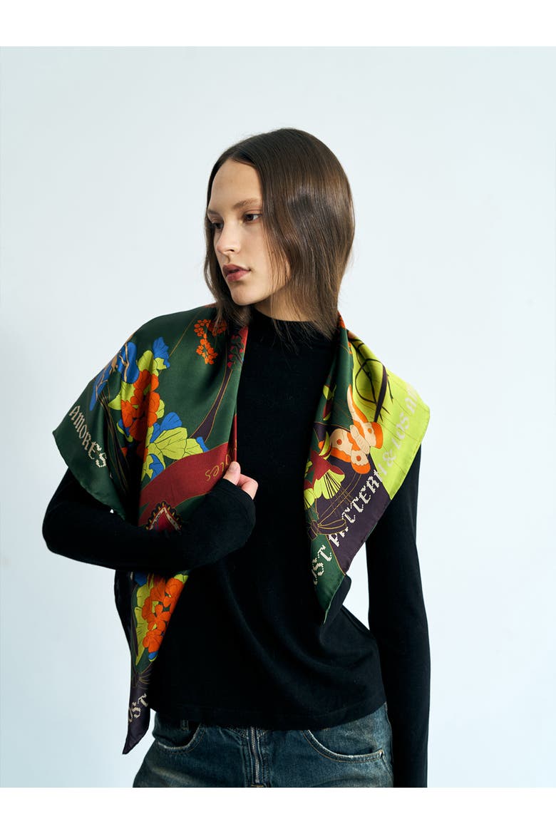 FRIDA x LOST PATTERN "Los Amores de Frida" Large Silk Scarf, Alternate, color, Dark Green