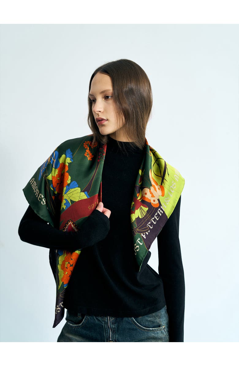 Lost Pattern FRIDA x LOST PATTERN "Los Amores de Frida" Large Silk Scarf, Alternate, color, Dark Green