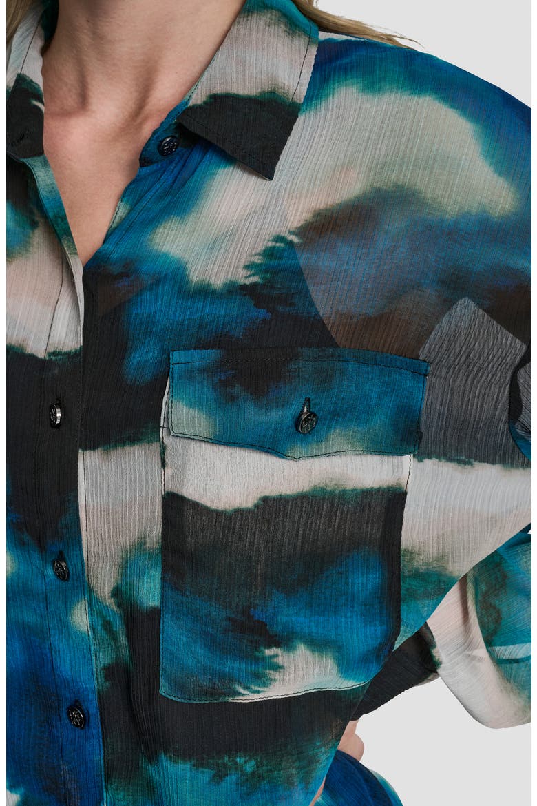 Print Long Sleeve Button-Up Chiffon Shirt, Alternate, color, MARBLED OCEAN