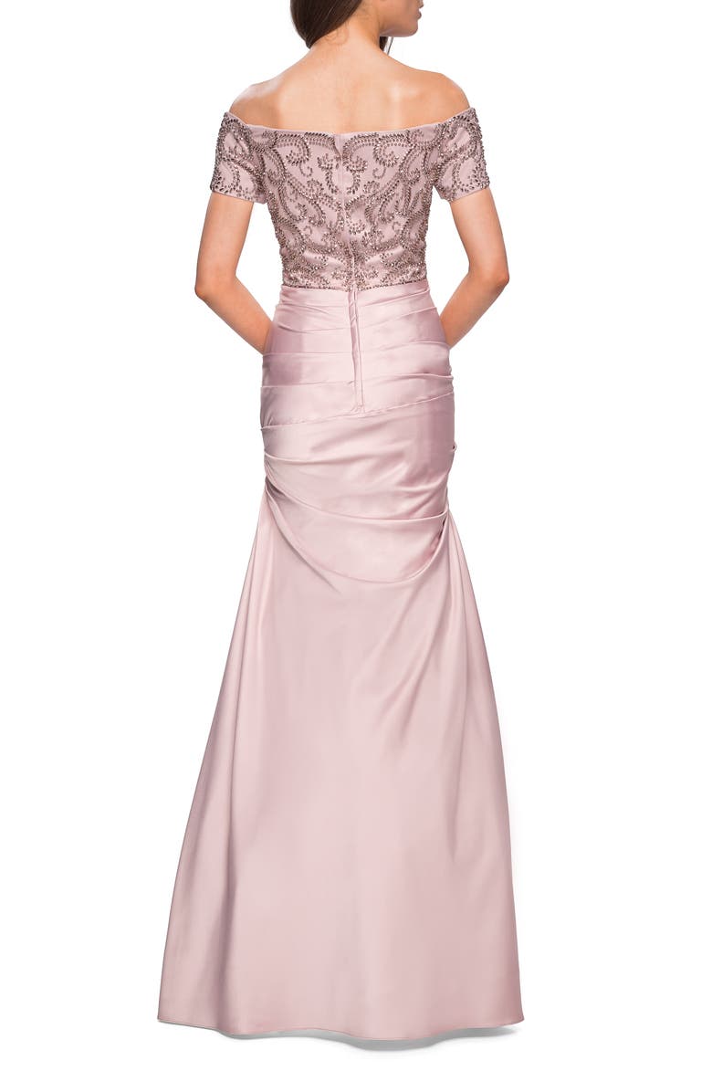 La Femme Satin Off the Shoulder Dress with Beaded Sleeves, Alternate, color, Champagne