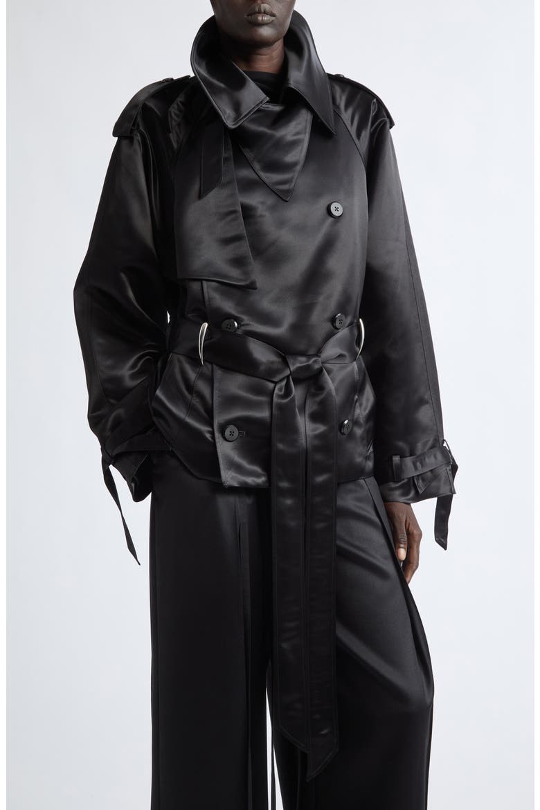 Claw Crop Liquid Satin Trench Coat, Alternate, color, BLACK