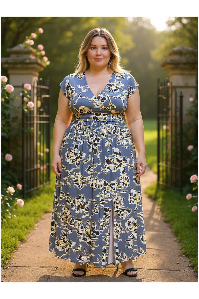 Plus Size Floral V-Neck Cap Sleeve Side Slit Pocket Maxi Dress, Alternate, color, Grey Multi