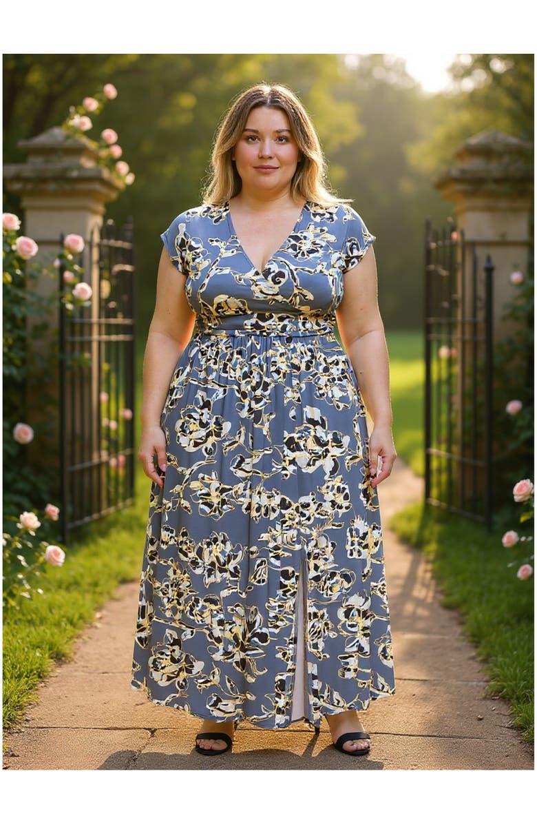 24seven Comfort Apparel Plus Size Floral V-Neck Cap Sleeve Side Slit Pocket Maxi Dress, Alternate, color, Grey Multi