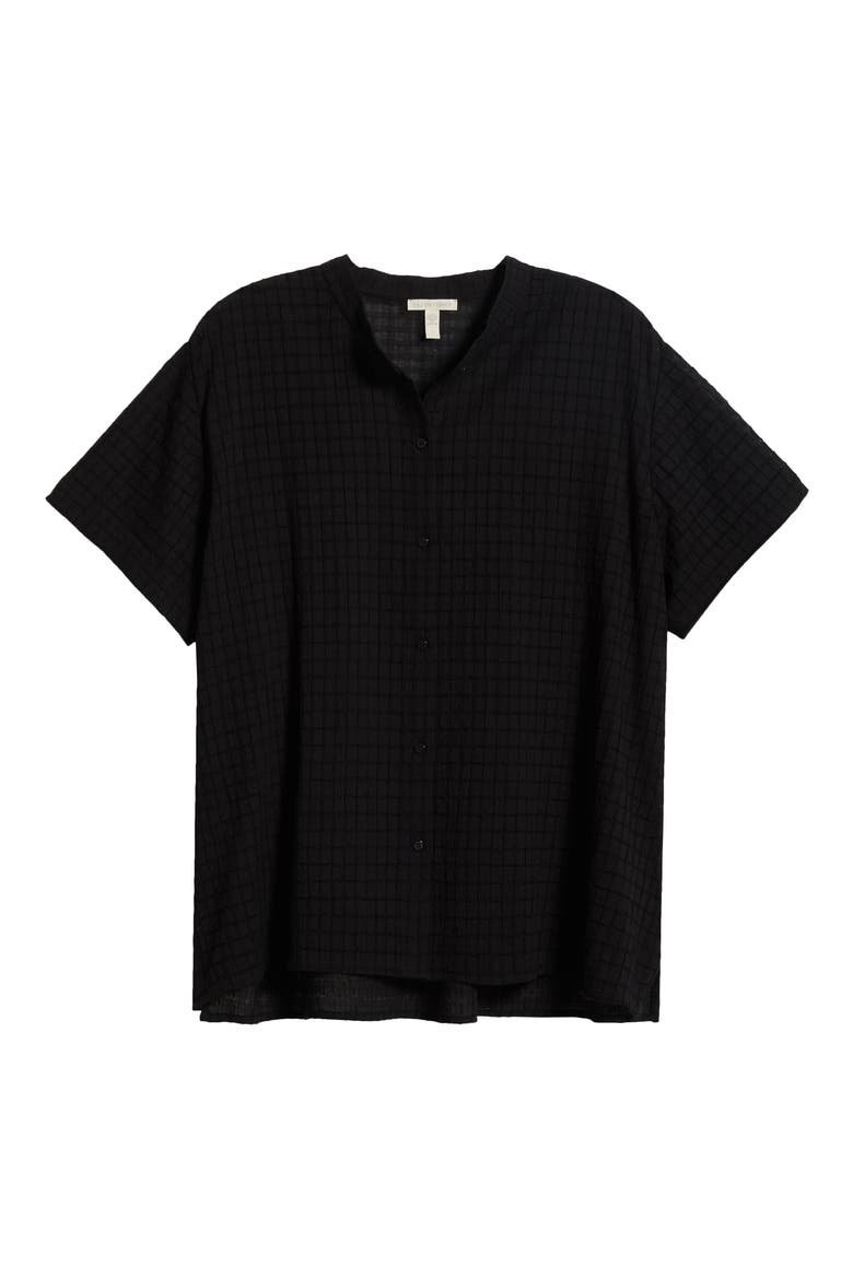 Grid Mandarin Collar Stretch Organic Cotton Shirt, Alternate, color, BLACK