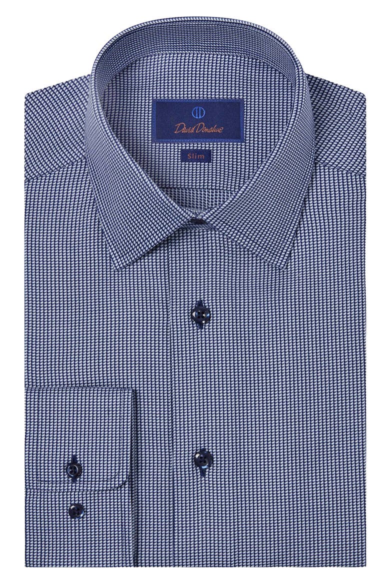 Slim Fit Mini Houndstooth Cotton Twill Dress Shirt, Main, color, NAVY