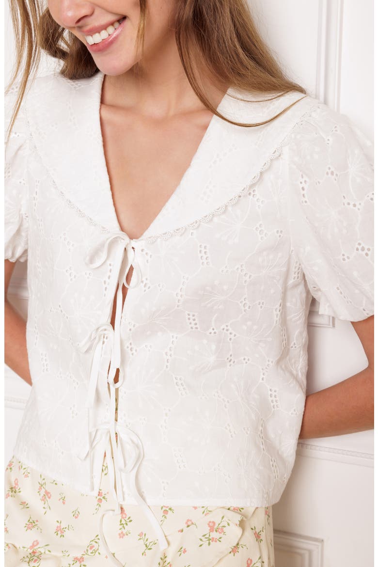 Tie Front Eyelet Top, Alternate, color, WHITE