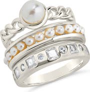 Sterling Forever Kimber Set of 3 Faux Pearl & Cubic Zirconia Stackable Rings