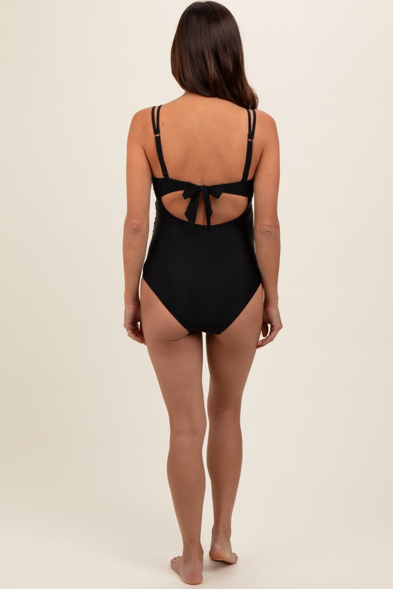 Scalloped V-Neck Back Tie Cutout Maternity One Piece Swimsuit, Alternate, color, Black