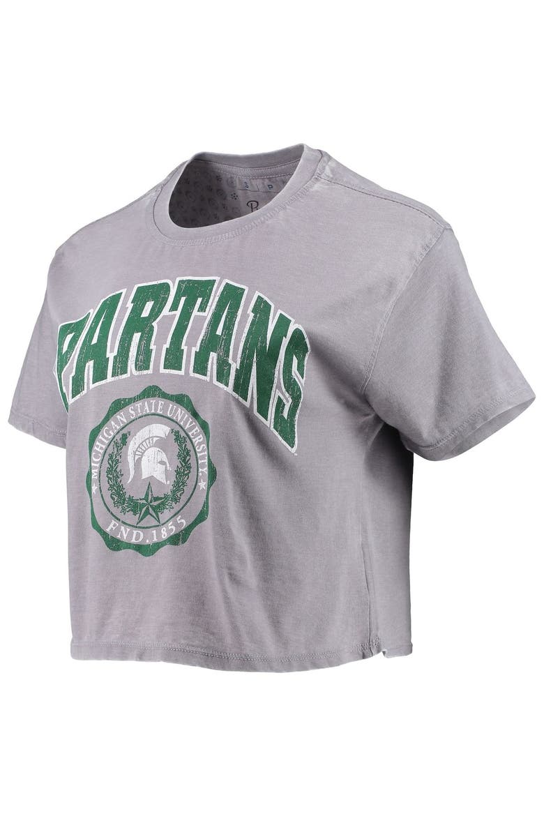 Women's Pressbox Heathered Gray Michigan State Spartans Edith Vintage Burnout Crop T-Shirt, Alternate, color, Heather Gray