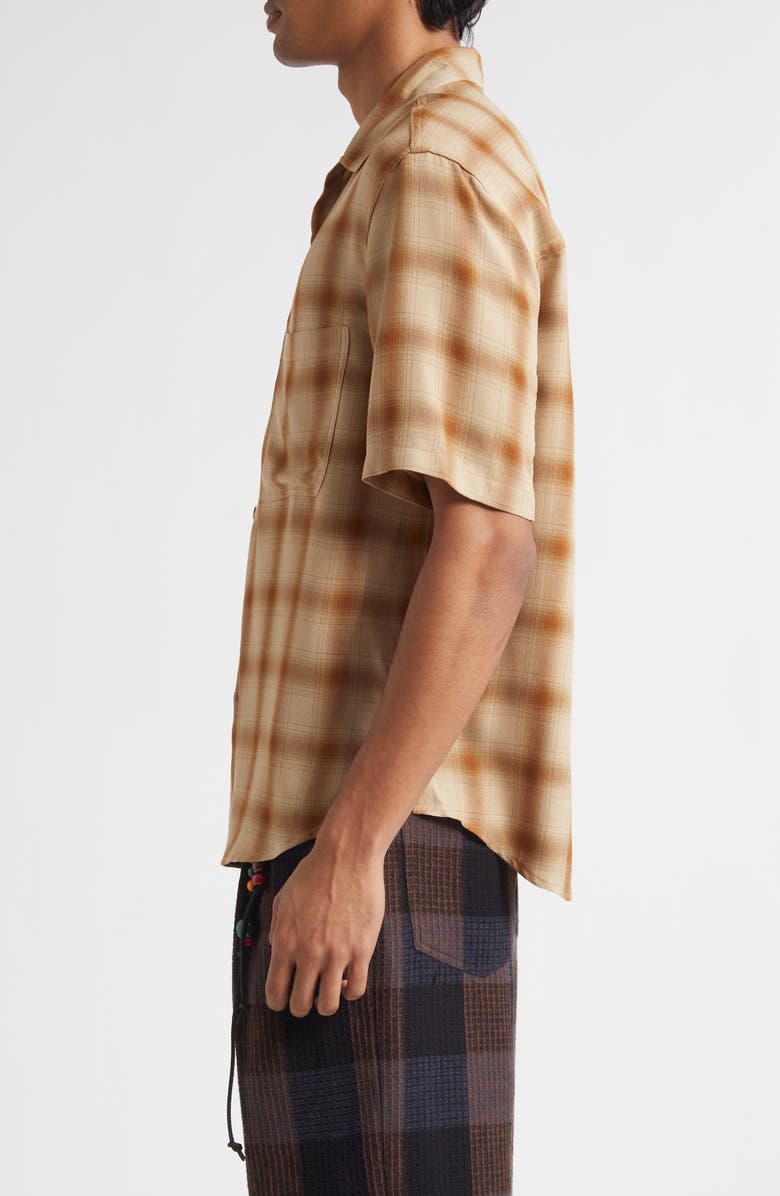 SONG FOR THE MUTE Oversize Plaid Short Sleeve Button-Up Shirt, Alternate, color, Camel