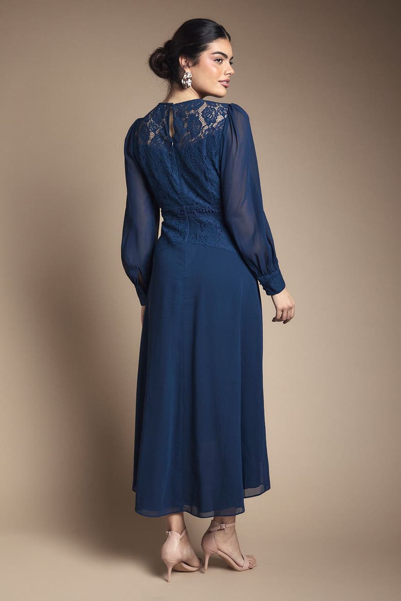 Lace Insert Chiffon Midi Dress, Alternate, color, Navy