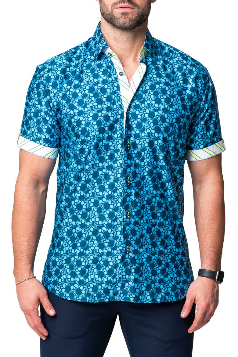 Galileo Skull Regular Fit Short Sleeve Button-Up Shirt, Main, color, BLUE