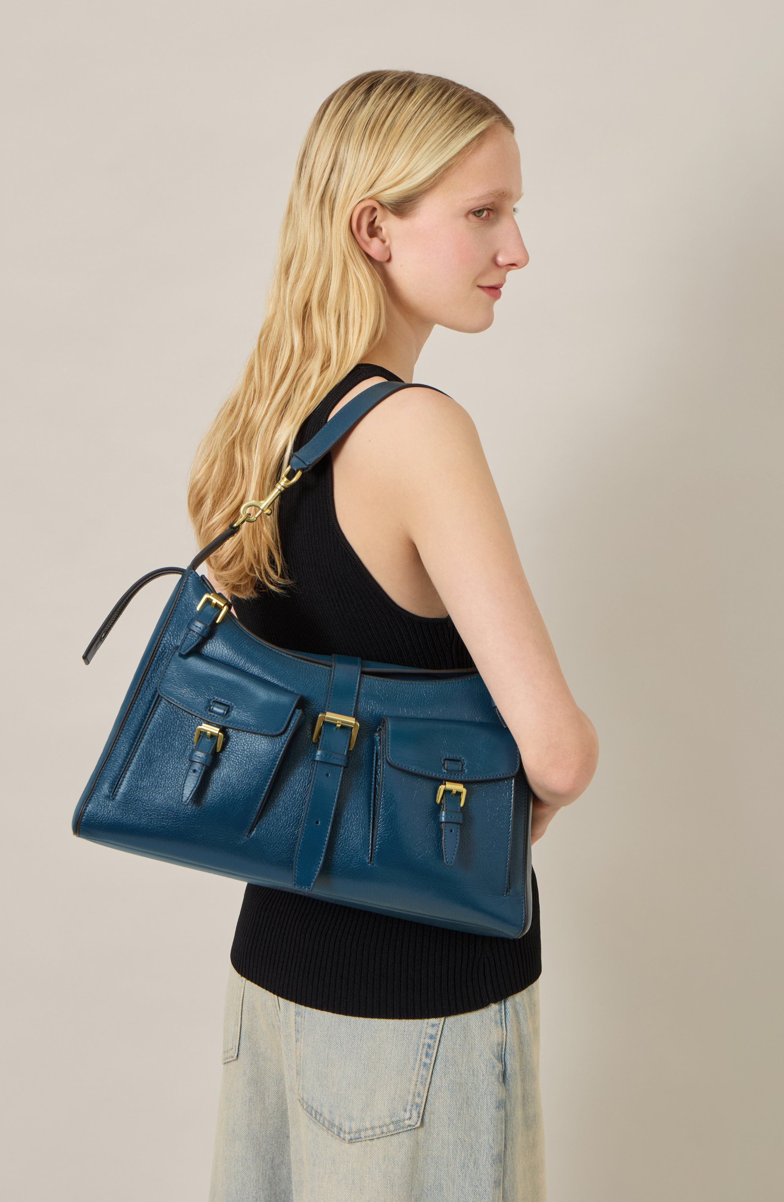 Roxanne High Shine Leather Shoulder Bag, Alternate, color, OUT OF THE BLUE