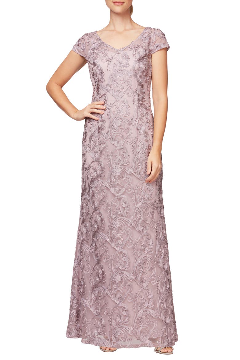 V-Neck Soutache Trumpet Gown, Main, color, MAUVE
