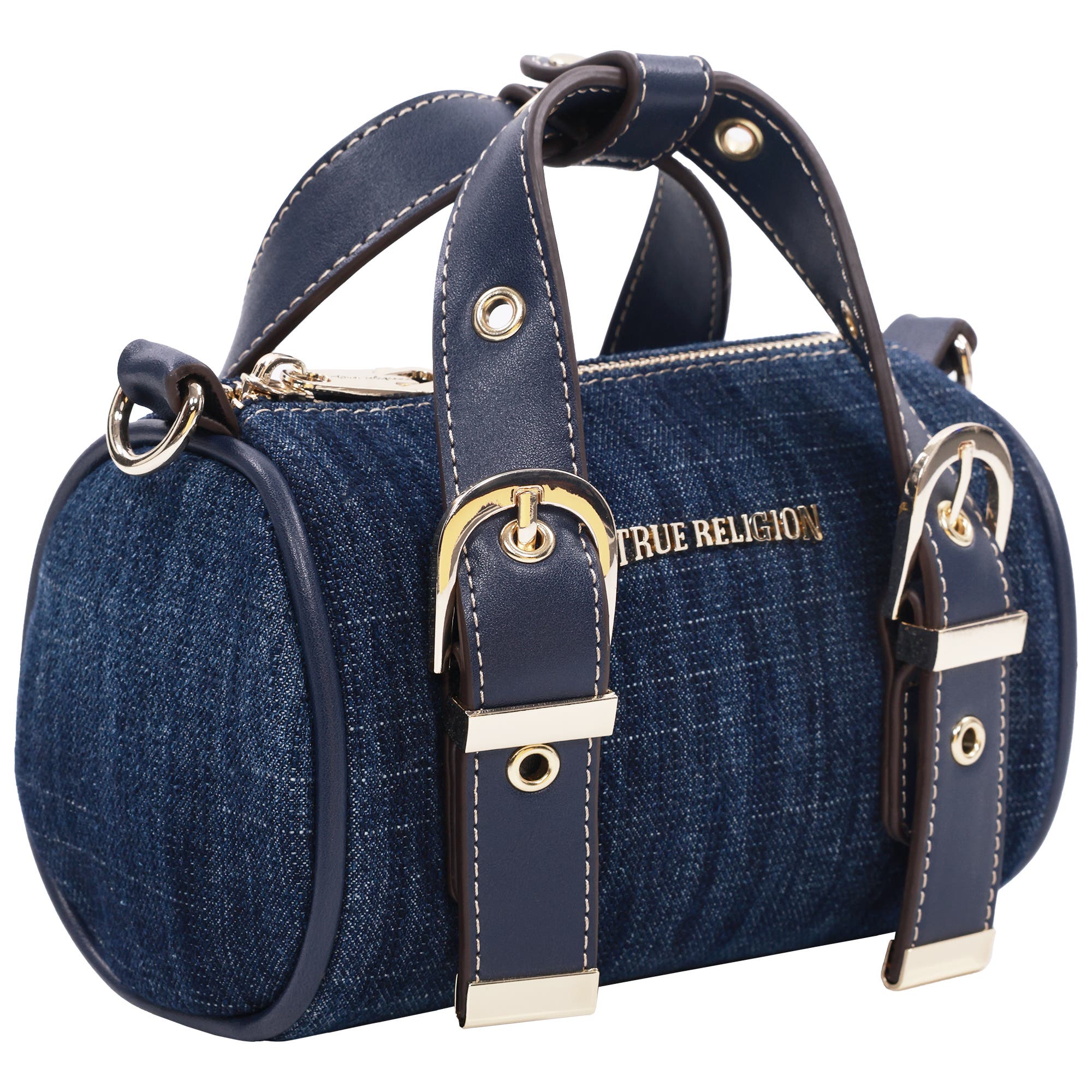 True Religion Denim Buckle Strap Mini Satchel, Alternate, color, Dark Denim