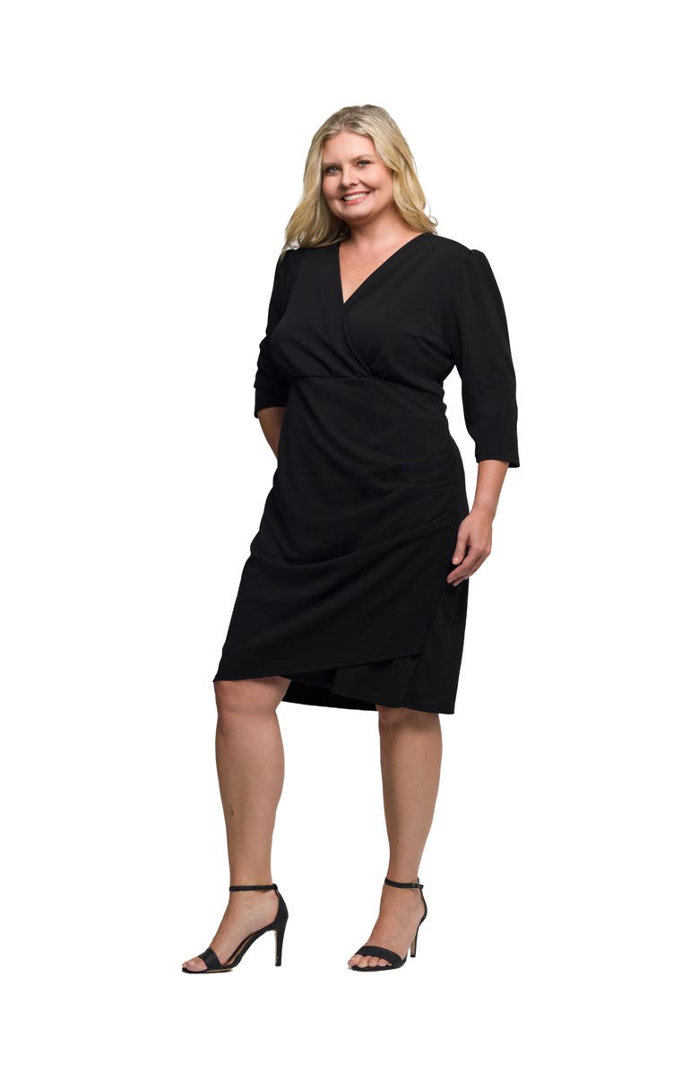 24seven Comfort Apparel Plus Size  Solid Color V Neck Faux Wrap Dress, Alternate, color, Black