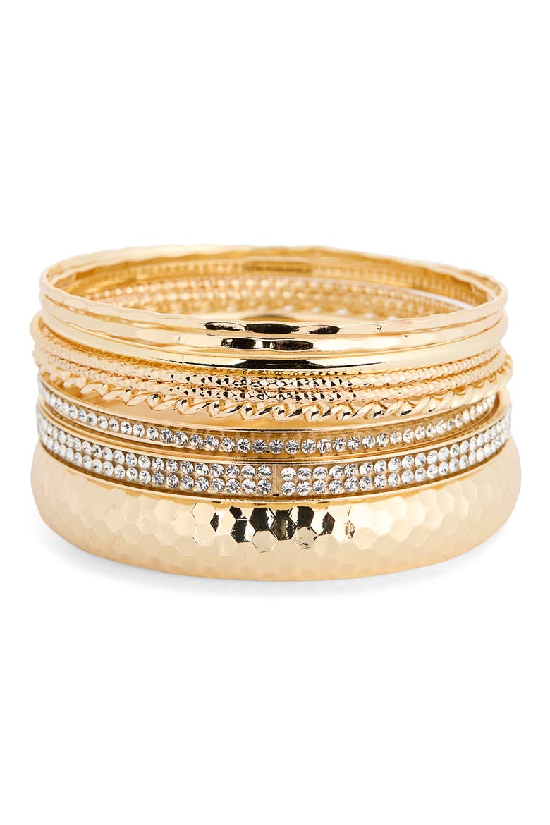 Set of Pavé Crystal Textured Bangle Bracelets, Main, color, GOLD