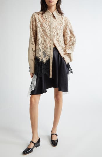 Corded Leaf Lace Mixed Media Button-Up Shirt