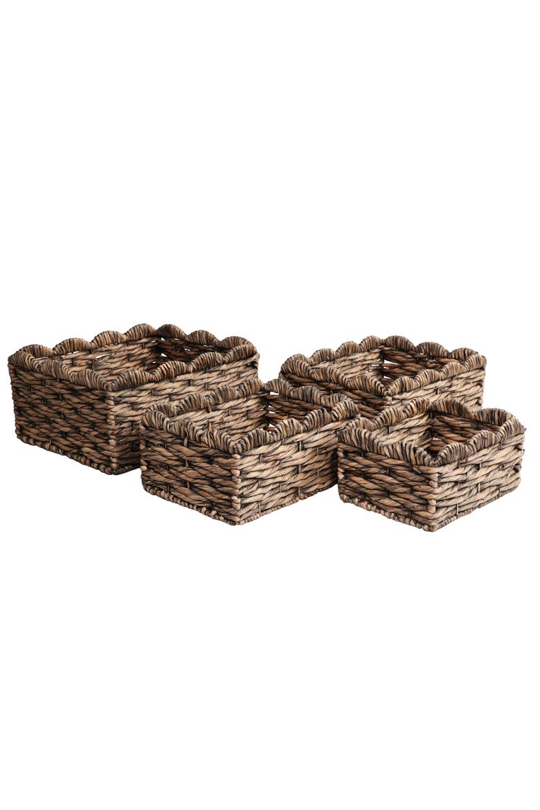 Coral Handwoven Water Hyancinth Scalloped Edge Nesting Storage Baskets, Main, color, Brown